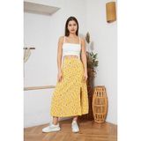 Darlin Moda Kadın Sarı Çiçek Desenli Yırtmaçlı Midi Etek DM2014 - 36