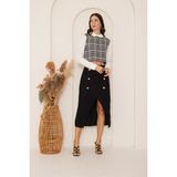 Darlin Moda Kadın Siyah Büyük Düğmeli Önden Yırtmaçlı Tweed Etek Dm2030