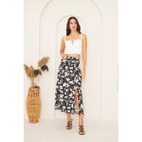 Darlin Moda Kadın Siyah Yaprak Desenli Yırtmaçlı Midi Etek DM2014 - 42