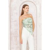 Darlin Moda Kadın Yeşil Desenli Astarlı Tül Straplez Bluz DM7006