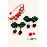 Darya Dd426 Yeşil Saten Kurdele Kırmızı Cam Kiraz Pötikare Ekose Taç Figürlü Saç Aksesuar Seti (2’Li Set)
