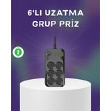 Datatek 6 Prizli Çoklu Uzatma Kablosu USB Type-C Hızlı Şarj Termal Koruma