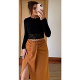 Daves Önden Yırtmaçlı Kalem Etek Taba - Kahve