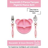 Dayanıklı 3 Parça Tavşan Figürlü Bebek Çocuk Çatal Kaşık ve Mama Tabağı Seti - Pembe