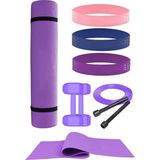 Dayanıklı ve Fonksiyonel Pilates Ve Egzersiz Seti Pilates Minderi, Dambıl, Aerobik Bant, Atlama İpi (Mor)