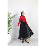 Dayfabric Çiçekli Flok Tül Astarlı Etek | Siyah