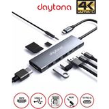 Daytona BH09 Type-C To 3* USB 3.0 4K Full Hd HDMI Pd Şarj Sd Tf Kart Okuyucu Aux Kulaklık Çevirici Adaptör - Gri