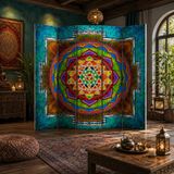 Dbsanat Sri Yantra Mandala Baskılı Dekoratif Paravan – Oda Bölücü & Seperatör Tek Taraf Baskılı Arka Düz Kumaş 3 Kanat Yükseklik 180 X Genişlik 120