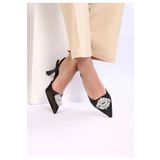 DC DONNA Kadin Siyah Saten Tasli 7 cm Topuklu Ayakkabı