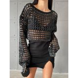 De Pose Simli Siyah Delikli Crop Kazak Bluz