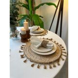 Decamor Home 6 ‘ Lı Yuvarlak Püsküllü Hasır Amerikan Servis Hasır Supla - 32 x 32 cm - Ekru