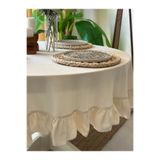 Decamor home İnci Kadife Dokulu Vintage Ekru Fırfırlı Yuvarlak Masa Örtüsü Dertsiz