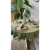 Decamor Home Kadife Dokulu Vintage Fıstık Yeşili Fırfırlı Yuvarlak Masa Örtüsü Dertsiz (Peçete Dahil Değil ) - 145 x 145 cm