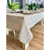 Decamor Home Keten Dokulu Gümüş Simli Köşe Fransız Dantelli Beyaz Masa Örtüsü(Peçete Dahil Değil) - 150 x 260 cm