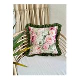 Decamor home Retro Fırfırlı Çiçek Desenli Yeşil / Pembe Kırlent Kılıfı