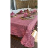 Decamor Home Thin Keten Kırmızı Pötikare Fırfırlı Masa Örtüsü (Peçetesiz) - 150 x 300 cm