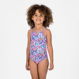 Decathlon Olaian Hanalei Mavi Pembe Çiçek Desenli Yuvarlak Yaka Çocuk Mayo