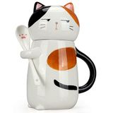 Deceram 15 oz Sevimli Seramik Kahve Kupası, Kapaklı ve Kaşıklı, Sevimli Kedi Çay Fincanı, Kadınlar için 3D Kawaii Kedi Kahve Kupası, Sevgili Hediyesi, Porselen Yenilik Pusheen Kitty Çay Kupası