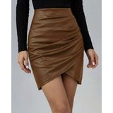 De'charme Kadın Yüksek Bel Yandan Fermuarlı Pileli Mini Deri Etek - Kahve - L - XL