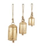 Deco 79 Dekoratif metal inek çanı, Tibet esintili, meditasyon, asmak için jüt halatlı, 3 adet, 25,4 cm, 20,3 cm, 15,2 cm yüksekliğinde, altın rengi