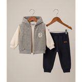 Deco D Nakışlı Yelekli Erkek Takım 6 Ay,12 Ay,18 Ay,2y Erkek Bebek Takım 3'lü Nakışlı Kapüşonlu Yelek +Uzun Kollu Body+ Pijama Yenidoğan Bebek Takım - 12 - 18 Ay - Gri