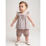 Deco Kız Bebek Çiçek Desenli Fiyonklu Fırfırlı Bluz ve Şort Takım Yazlık 2’li Set - 1 - 2 Yaş - Kahverengi