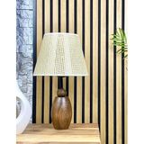 Decodelight Ahşap Ceviz Renk Elips Ayaklı Hazeran Pileli Hasır Şapkalı Abajur Masa Lambası Modelleri (Açık Krem Hazeran)