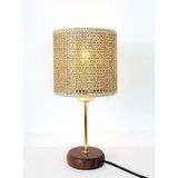 Decodelight Bambu Taban Modern Gold Metal Ayaklı Hazeran ve Hasır Kumaş Silindir Şapka Mini Abajur Masa Lambası (Kahverengi Rattan)