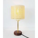 Decodelight Bambu Taban Modern Gold Metal Ayaklı Hazeran ve Hasır Kumaş Silindir Şapka Mini Abajur Masa Lambası (Krem Rattan)