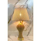 Decodelight GoldMetal Ayaklı Gövdesi Örme Hasır İp El İşi Örmeli Açık Krem Kumaş ve Hazeran Modern Abajur Modelleri Aydınlatma Masa Lambası (Rattan Krem Kumaş)