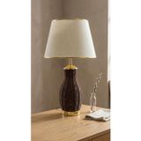 Decodelight Kahverengi Örme Hasır ve Gold Detay Ayak Açık Krem Gold Şeritli Kumaş Şapka Modern Abajur Modelleri