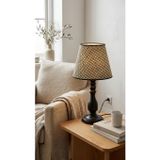 Decodelight Siyah Rustik Modern Metal Ayak 25cm. Çapında Bambu ve Hasır Siyah Kumaş Şapkalı Abajur Masa Lambası