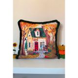 decofav Şirin Sonbahar Evi Tasarımlı Saçaklı Kırlent Kılıfı 3D Punch Nakış Efekt Dijital Baskılı 43x43cm