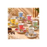 DECOFORM 6 Kişilik Gold Yaldızlı Ayaklı Kahve Fincanı Seti/Modern Geometrik Desenli, Renkli 6’lı Fincan & Tabak Takımı