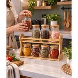 Decoform 7’li Standlı Cam Baharatlık Seti – 4’lü 600 cc Uzun + 3’lü 550 cc Büyük Kavanoz, Bambu Organizer Standlı - 1 Adet