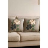 Decomia Home İkili Premium Özel Nakışlı Çiçekli Punch Kırlent Kılıfı Yastık Kılıfı Taş Rengi (45x45 cm)