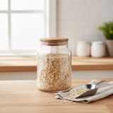 Deconox 1 Adet Bambu Kapaklı Borosilikat Cam Kavanoz - Vakumlu Sızdırmaz Silikon Contalı Yuvarlak Şeffaf Erzak Kabı Baharatlık ve Mutfak Düzenleyici (Boy Seçenekli) (800ML)