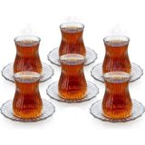 Deconox 12 Parça Çay Seti - 6 Adet Fitil Desenli Cam Çay Bardağı ve 6 Adet Cam Çay Tabağı - Isıya Dayanıklı Çay Takımı - 00-Siyah - Beyaz