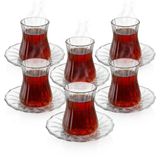 Deconox 12 Parça Çay Seti - 6 Adet Fitil Desenli Cam Çay Bardağı ve 6 Adet Cam Çay Tabağı - Isıya Dayanıklı Çay Takımı