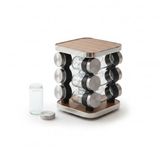 Deconox 12 Parça Döner Mekanizmalı Paslanmaz Çelik ve Ahşap Desen Standlı Cam Baharatlık Seti - 360° Dönebilen Süzgeç Kapaklı Şeffaf Cam Şişeli Tezgah Üstü Baharat Takımı ve Mutfak Düzenleyici