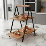 Deconox 2 Katlı Akasya Ahşap Sunum Standı - Silikon Kaplamalı Siyah Metal Gövdeli Meyvelik Kurabiyelik Kahve Köşesi ve Mutfak Banyo Düzenleyici Organizer (16 x 26.5 x 34 cm)