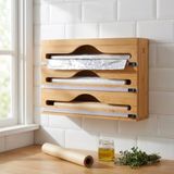 Deconox 3 Bölmeli Doğal Bambu Folyoluk ve Streç Film Kesici Organizer - Sürgülü Bıçaklı Çekmece İçi Düzenleyici Pişirme Kağıdı ve Alüminyum Folyo Standı Mutfak Organizeri (35,5 x 22 x 7 cm)