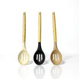 Deconox 30 cm Bambu Saplı Silikon Delikli Servis Kaşığı, Asorti Renkli Mutfak Servis Kaşığı, Krem Siyah Bej Renk Seçenekli, Delikli Kaşık, Salata Makarna Sebze Servis Aparatı, Yapışmaz Yüzeylere Uygun