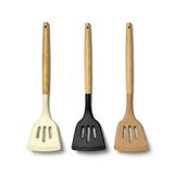 Deconox 30 cm Bambu Saplı Silikon Delikli Spatula, Yapışmaz Tava ve Tencereler İçin Esnek Uçlu Mutfak Spatulası, Krep Omlet Balık Pancake Çevirici, 3 Renk Asorti Karışık Gönderim