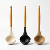 Deconox 30 cm Bambu Saplı Silikon Kepçe, Derin Hazneli Servis Kepçesi, Çorba Sulu Yemek Sos ve Bakliyat İçin Mutfak Kepçesi, Askı Delikli, 3 Renk Asorti Karışık Gönderim
