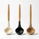 Deconox 30 cm Bambu Saplı Silikon Kepçe, Derin Hazneli Servis Kepçesi, Çorba Sulu Yemek Sos ve Bakliyat İçin Mutfak Kepçesi, Askı Delikli, 3 Renk Asorti Karışık Gönderim