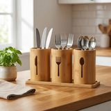 Deconox 3'lü Doğal Bambu Kaşıklık Seti - Ahşap Standlı Tezgah Üstü Çatal Kaşık Bıçak Düzenleyici Şık Mutfak Organizeri (Stand: 33x13x2 cm/Kaşıklık: 10x12 cm)