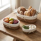 Deconox 3'lü Hasır Oval Bezli Düzenleyici Sepet Seti - Çıkarılabilir Kumaş Astarlı Ekmek ve Sunum Sepeti - Banyo, Mutfak ve Odalar İçin Çok Amaçlı Organizer (42x25 cm Büyük Boy)
