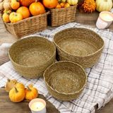 Deconox 3'lü Rustik El Yapımı Doğal Yuvarlak Hasır Düzenleyici Seti | 3'lü Hasır Yuvarlak Organizer Seti – Dekoratif, Çok Amaçlı ve Dayanıklı Rattan Sepetler (30x12cm – 25x10cm – 20x8cm)
