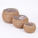 Deconox 3'lü Yuvarlak Sığ Tombul Hasır Saksılık Seti, Doğal Görünümlü İç Koruma Poşetli Dekoratif Saksı, Büyük 21x16 cm Orta 18x13 cm Küçük 15x11 cm